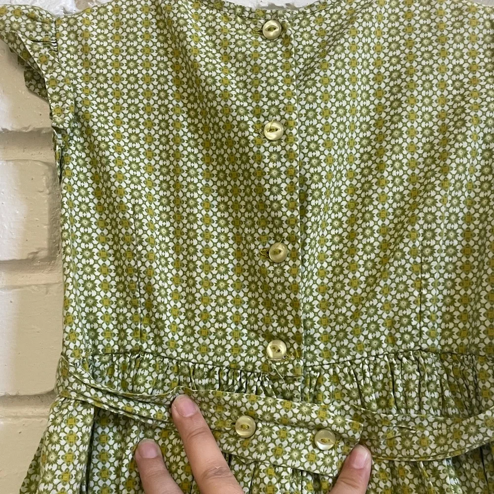 Celeste Hand-sewn Green Smocked Dress with delicate yellow floral accents Size 3